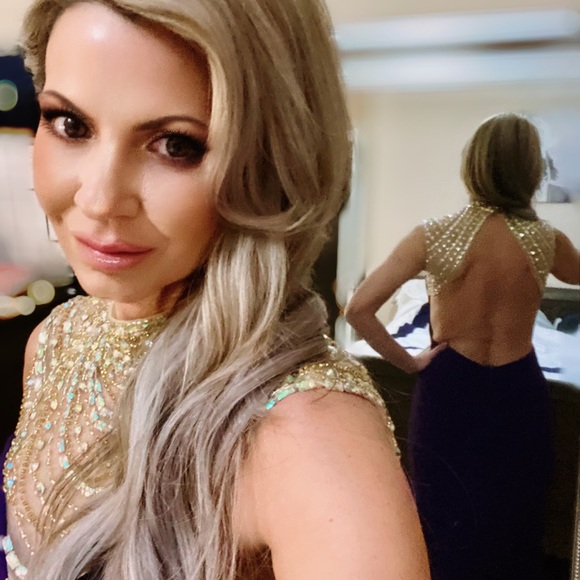 Purple Jeweled High Neck Backless Long Prom Dress - Picture 5 of 5